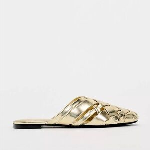 Zara Open Back Gold Woven Metallic Flat Shoes